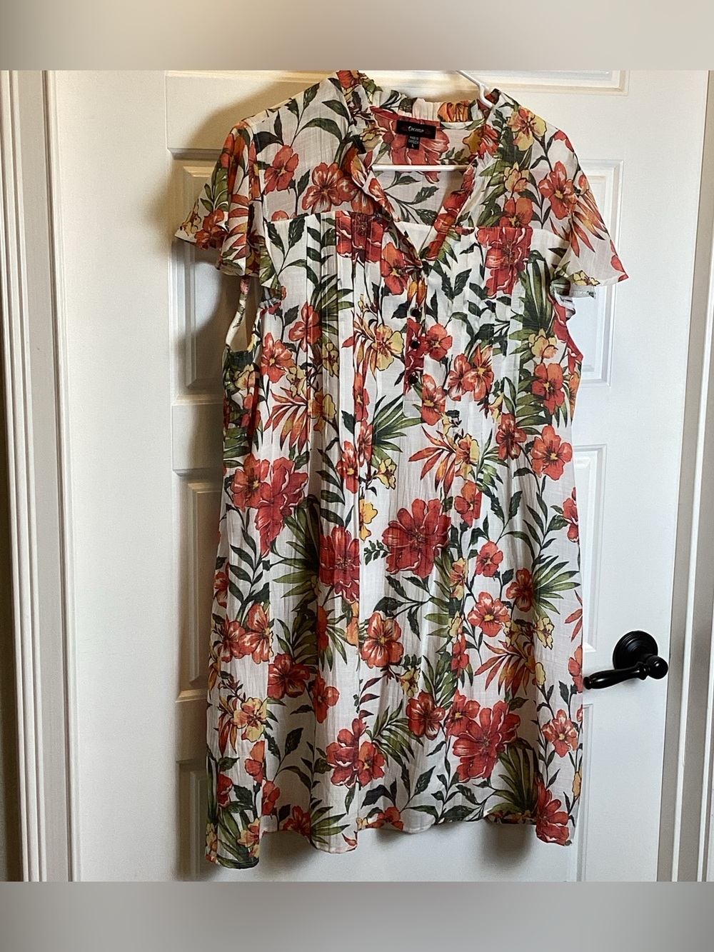 Cocomo White Floral Shift Gauzy Dress with Red, Orange & Green Tropical Print